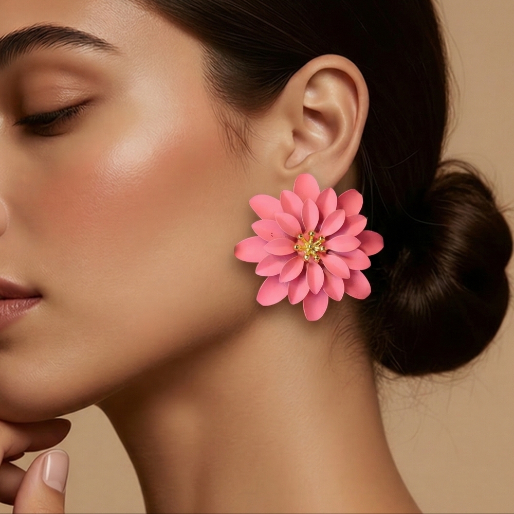 Reverie Pink Chrysanthemum Flower Stud Earrings Bold Floral Statement Coquette
